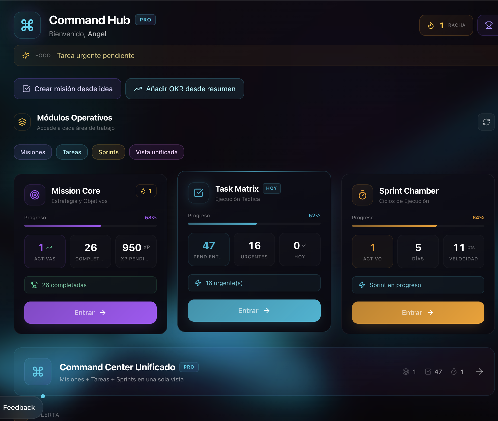 Dashboard interface of Command Hub app showing progress on Mission Core, Task Matrix, and Sprint Chamber modules with buttons to enter each section.