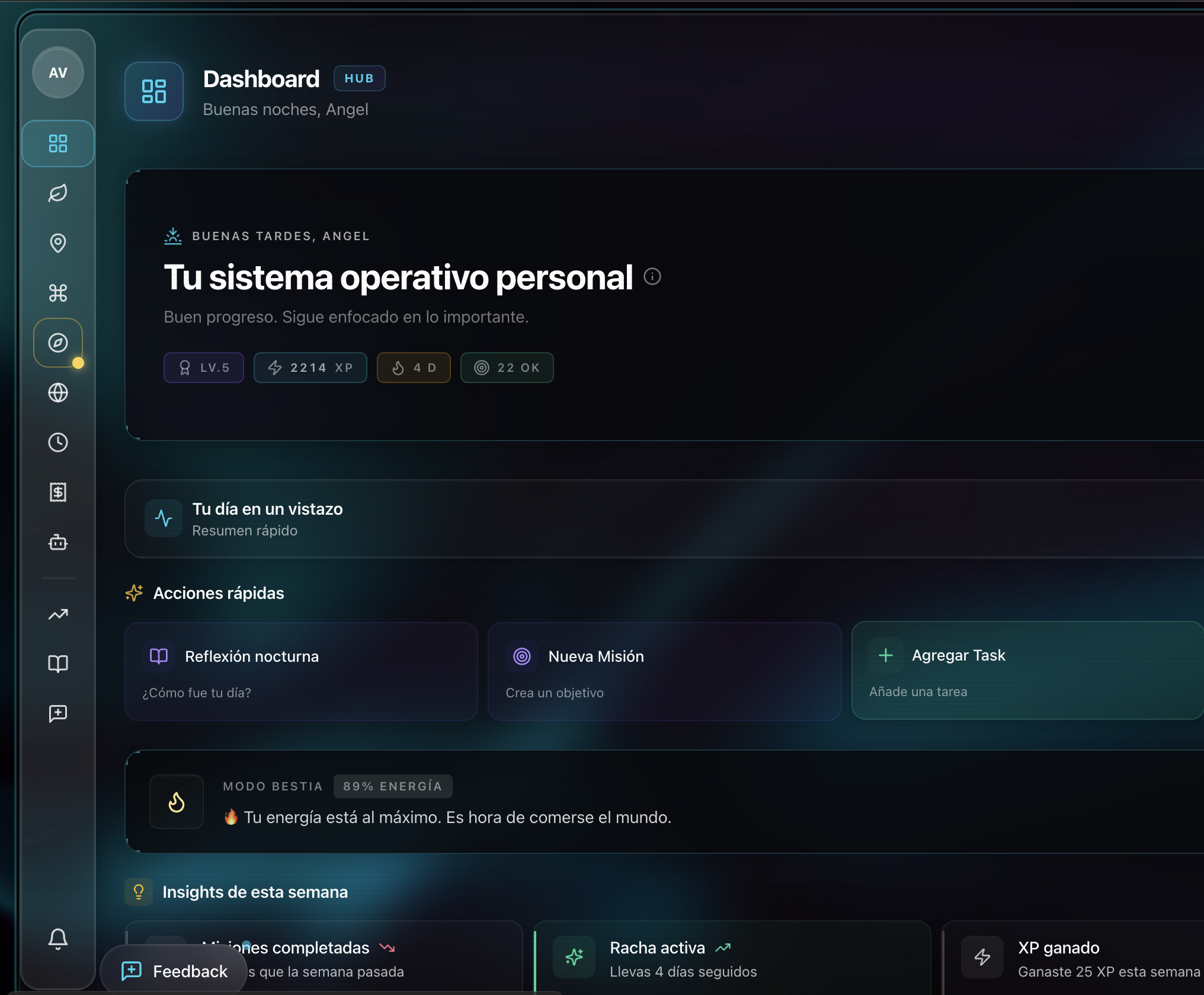 Dark-themed dashboard interface showing user Angel's personal operating system, progress stats, quick actions like night reflection and new mission, and weekly insights.
