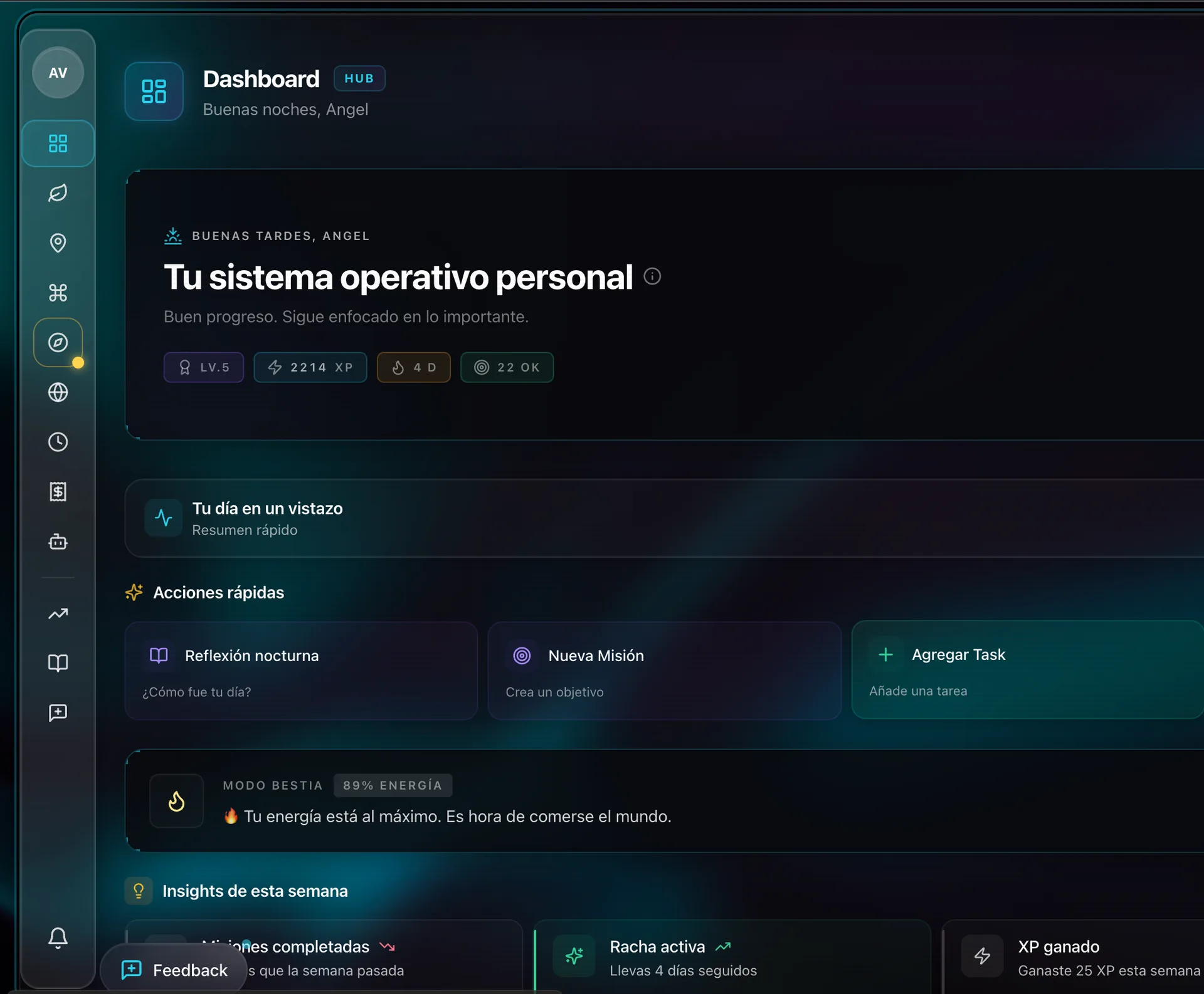 Dark-themed dashboard interface showing user Angel's personal operating system, progress stats, quick actions like night reflection and new mission, and weekly insights.