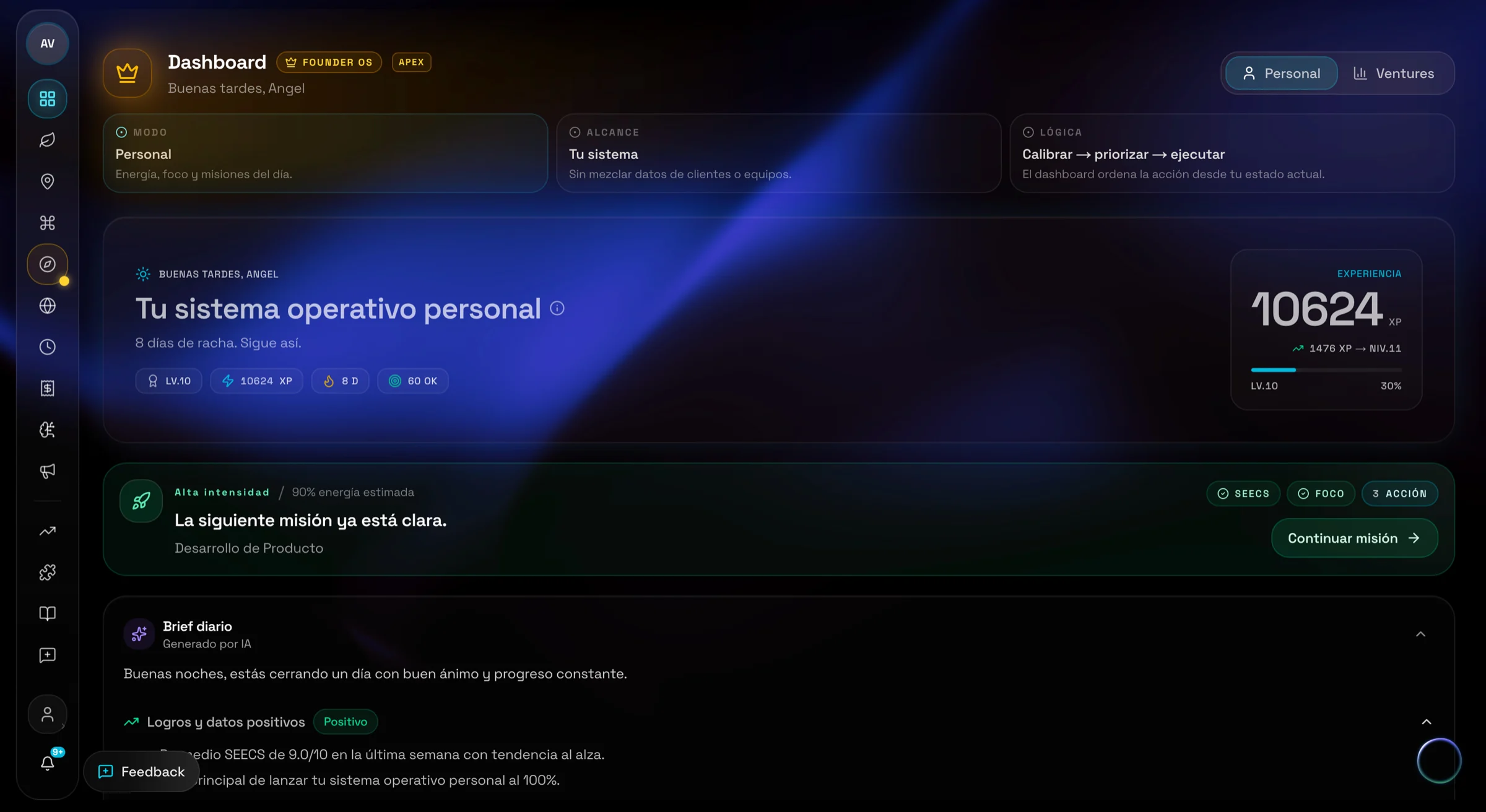 RIVEL OS dashboard — the founder's personal operating system: today's mission, SEECS state, XP and streak, and an AI-generated daily brief.
